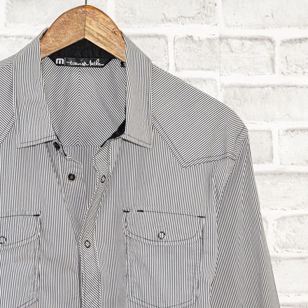 Travis Mathew Snap button up Shirt long sleeve Gray Stripe Size Large